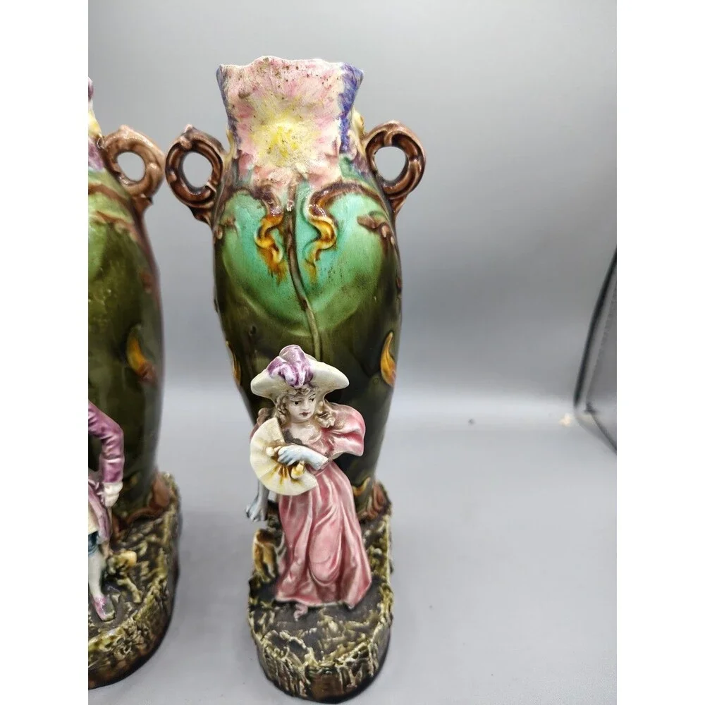 2-antique 1890's ~MAJOLICA old Victorian-era HAND-PAINTED vases. Ladies Arm Brok